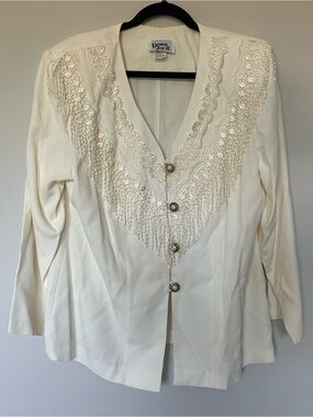 Dawn Joy II Ivory Embroidered Beaded Lace V-Neck Long Sleeve Blouse 16 Western